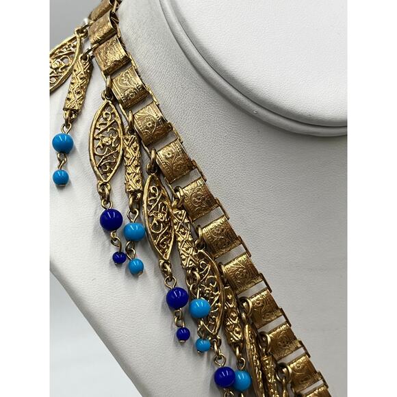 Vintage Etruscan Revival Victorian Era  Filigree Dangle Book Chain Bib Necklace - Picture 4 of 10